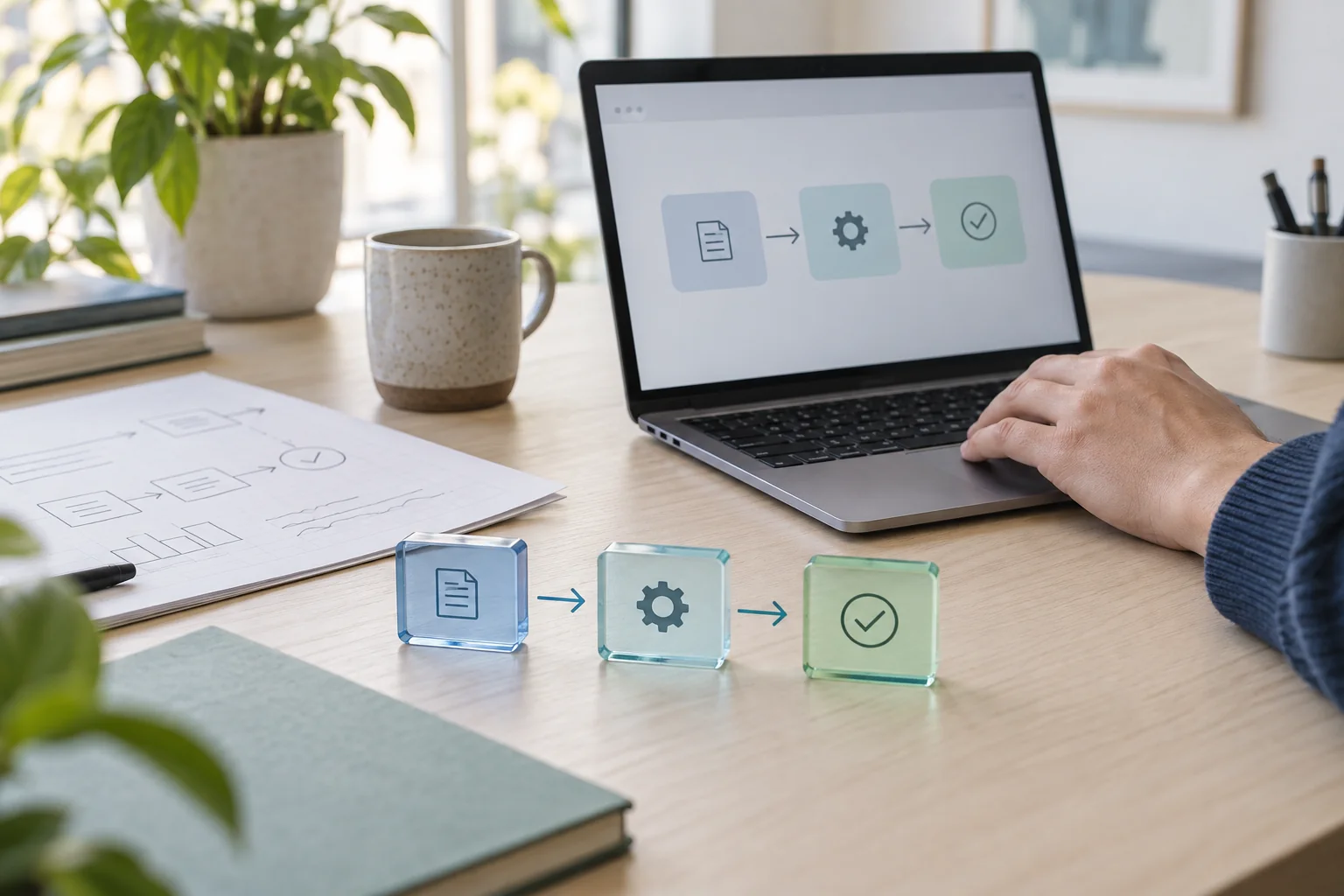 AI-sfeerbeeld van een eenvoudige digitale workflow op een werkplek.
