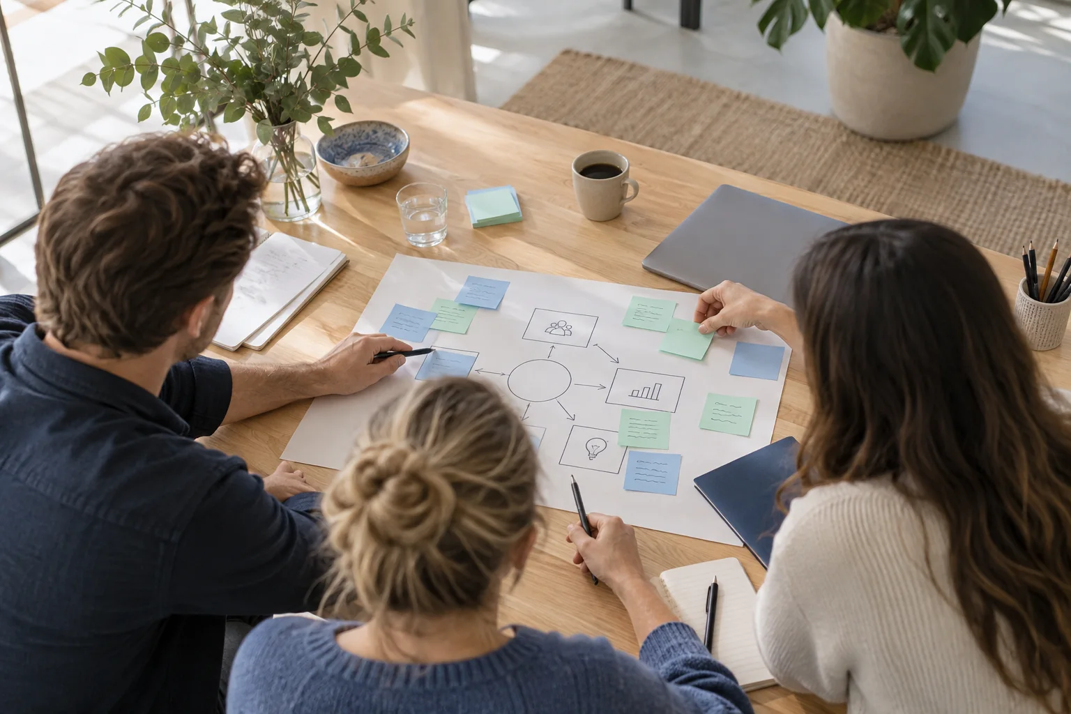 AI-sfeerbeeld van een gezamenlijke werksessie rond een nieuw werkproces.