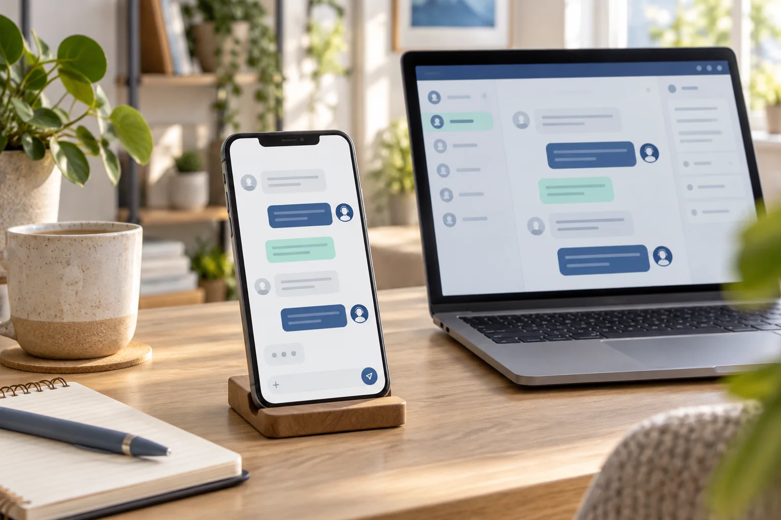AI-conceptbeeld van een klantgesprek op telefoon en laptop.