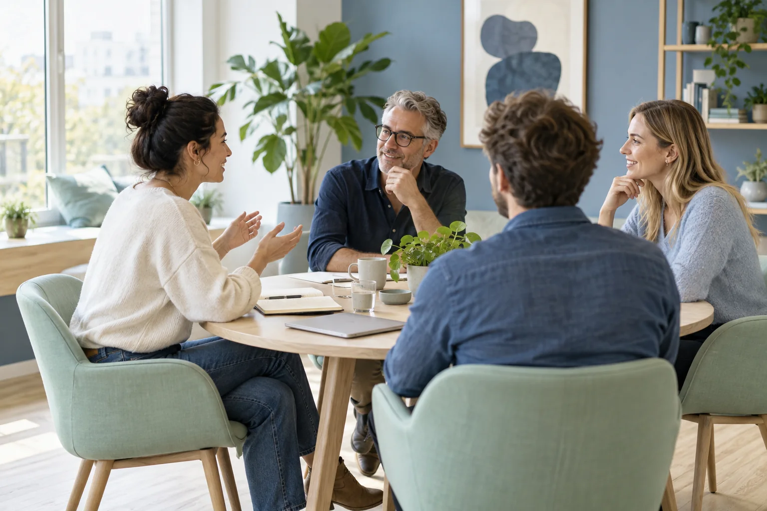 AI-sfeerbeeld van ondernemers die ervaringen uitwisselen aan tafel.
