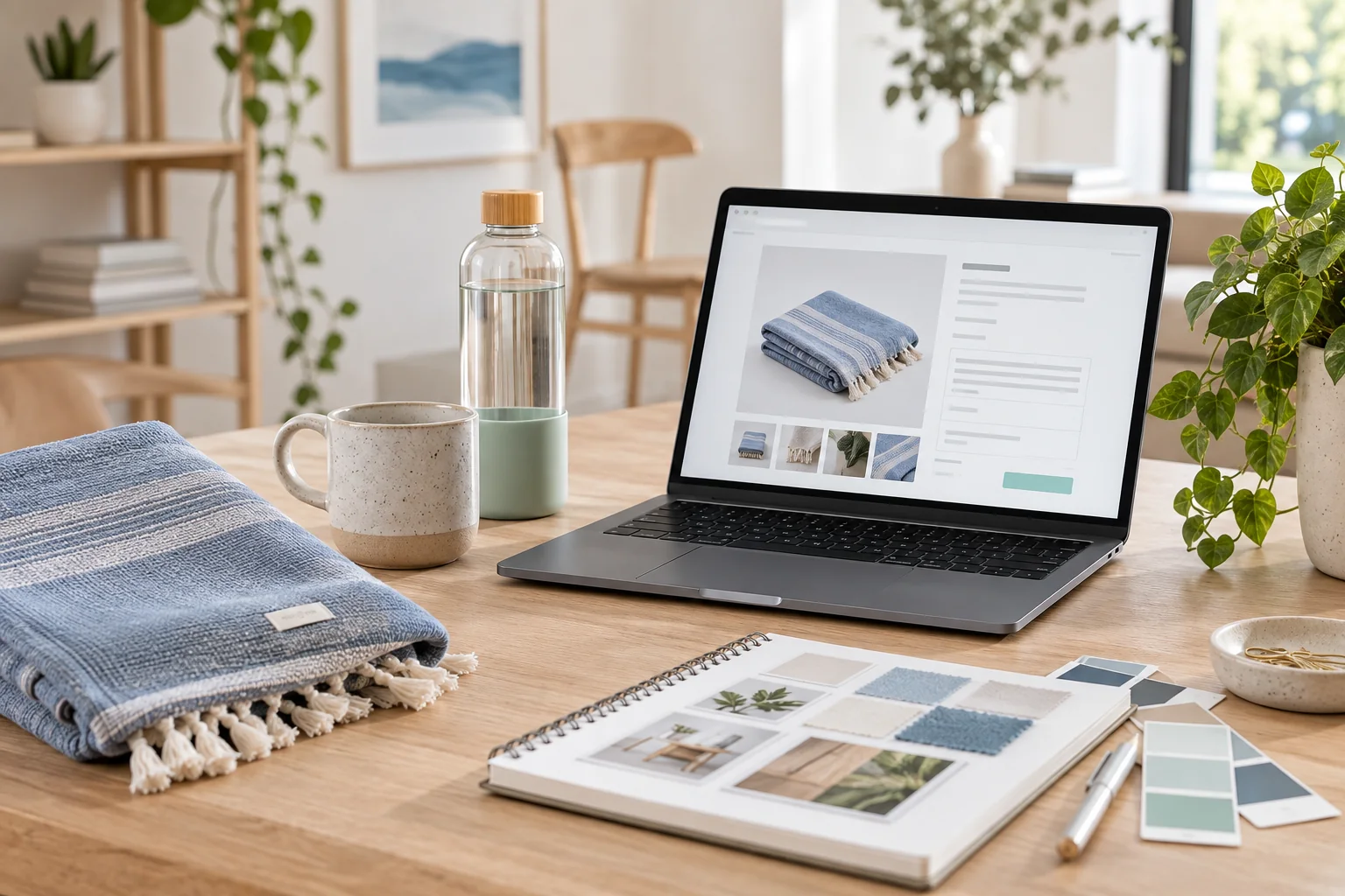 AI-sfeerbeeld van producten naast een webshopbewerkscherm.