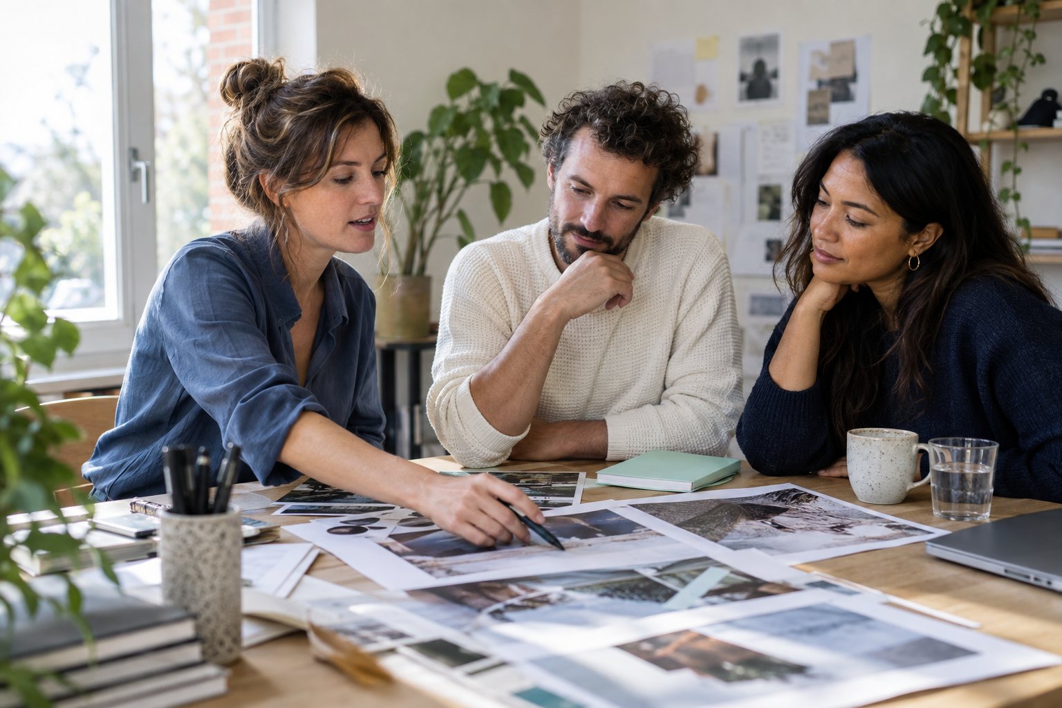 AI-sfeerbeeld van drie mensen die samen aan merkontwerp en marketing werken.
