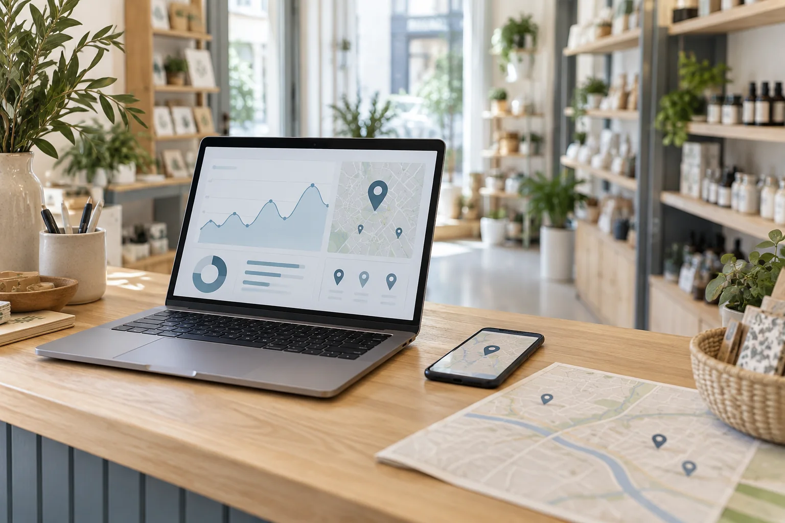 AI-conceptbeeld van online vindbaarheid voor een winkel.