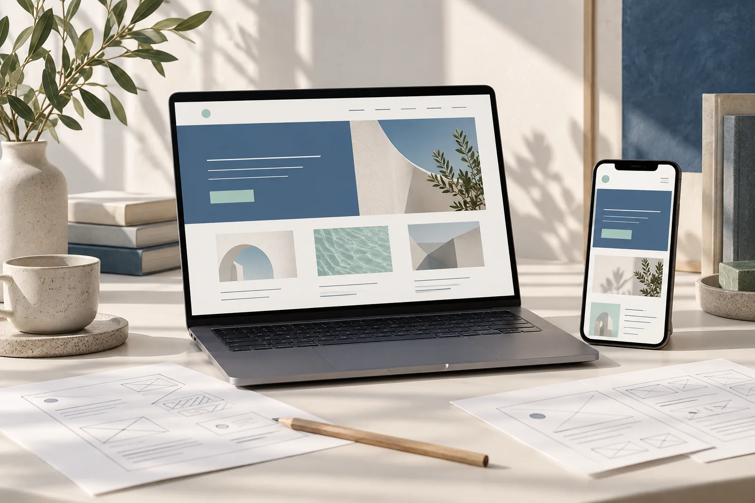AI-conceptbeeld van een website op laptop en smartphone.