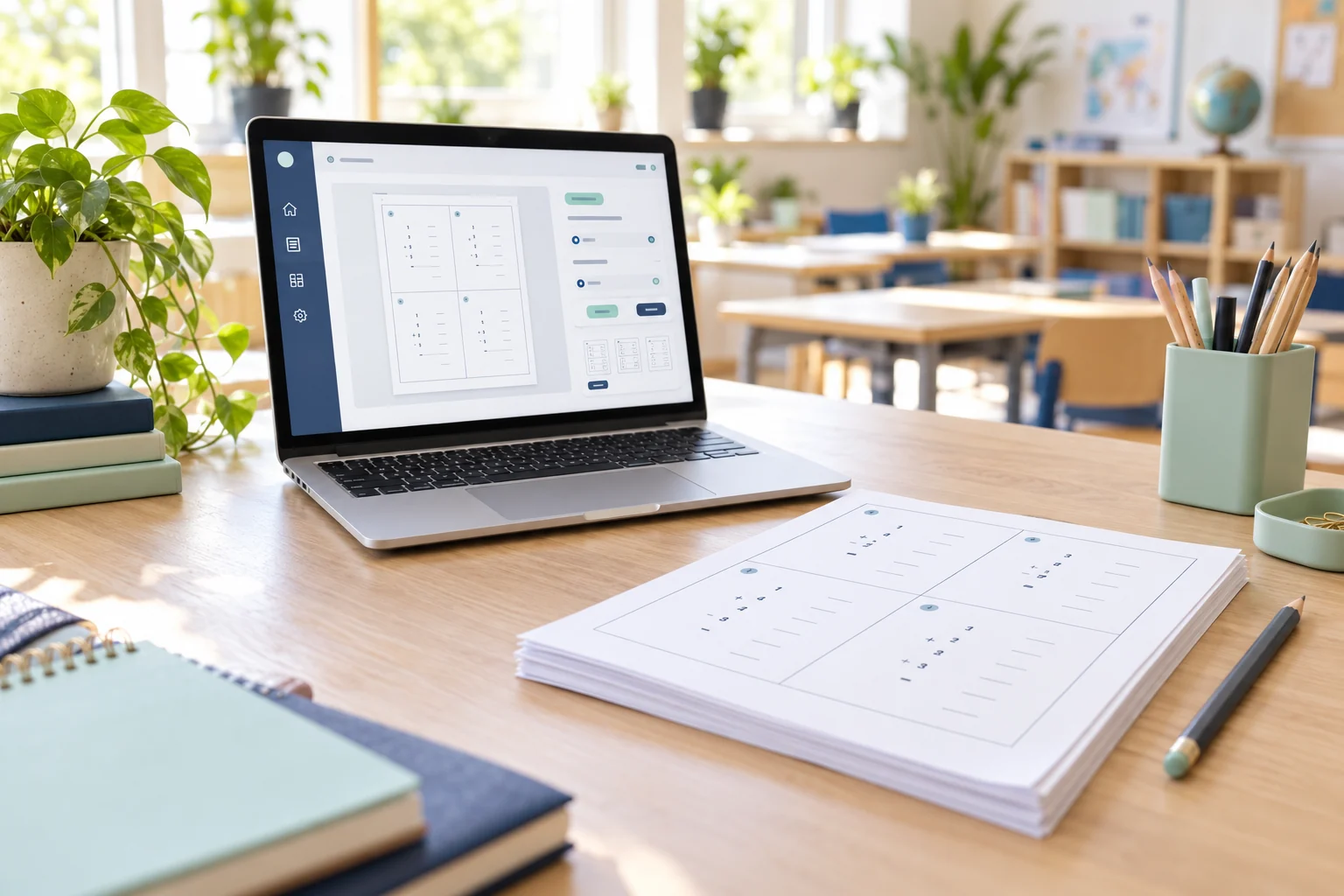AI-sfeerbeeld van een laptop en witte rekenwerkbladen in een klaslokaal.